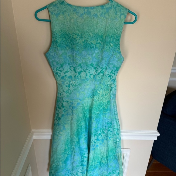 Y2K New York & Co Size 4 100% Cotton Green and Blue Ombré Floral Midi Wrap Dress - Picture 5 of 5